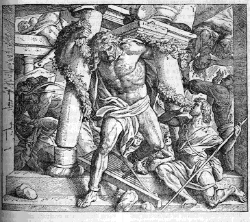 Une gravure de Samson détruisant le temple, d'une Bible allemande de 1882.